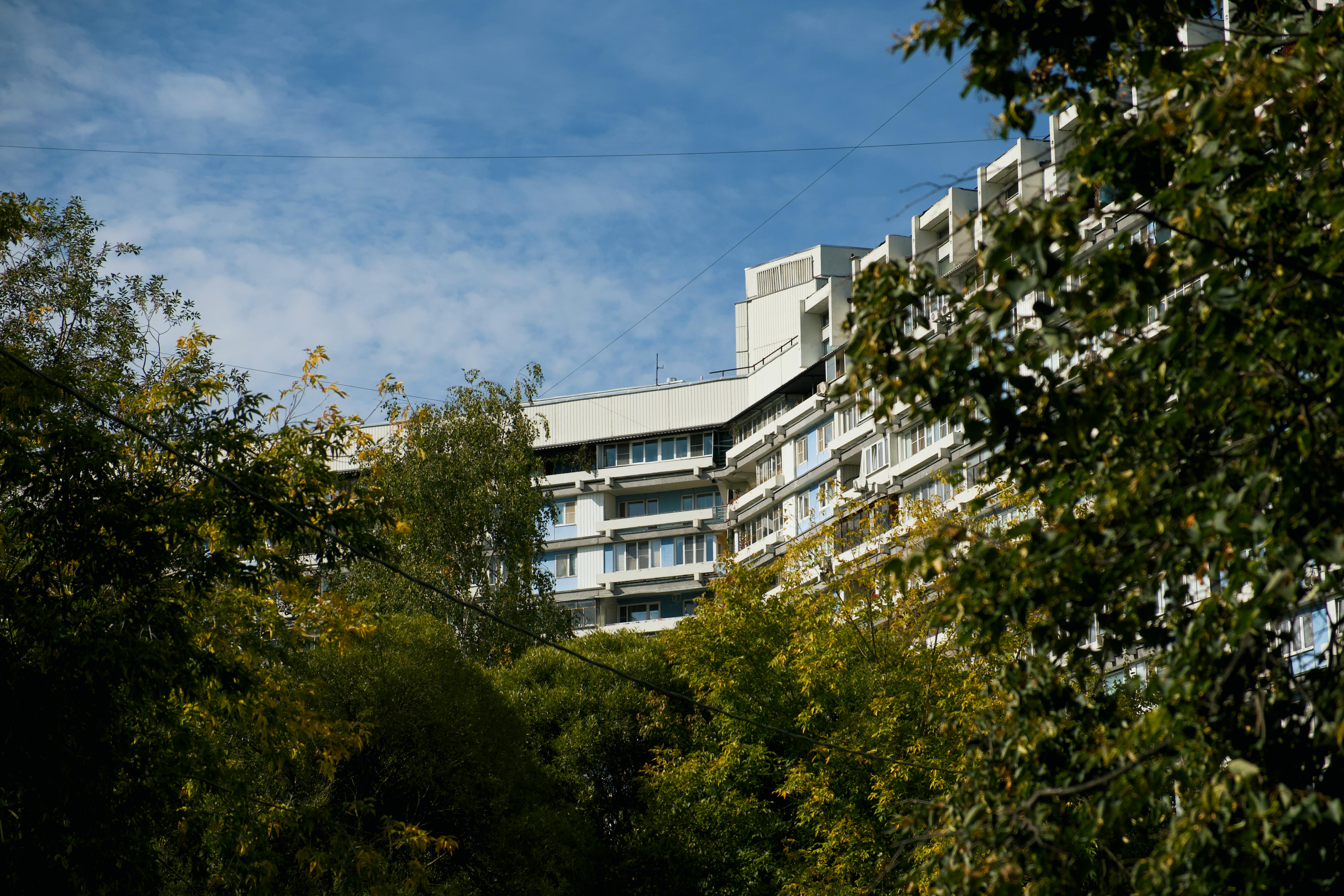 Kostnadsfria Utsikt över ett modernt hyreshus omgivet av frodiga träd under en blå himmel. Stock foto