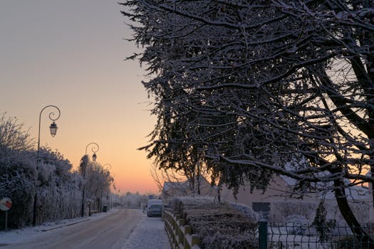 A picturesque snowy street at sunrise with vintage streetlamps and frost-covered trees.