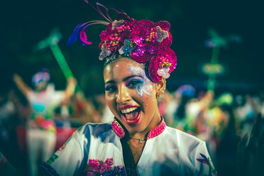Colorful portrait of a woman in festive carnival attire joyful at Santa Cruz de la Sierra.