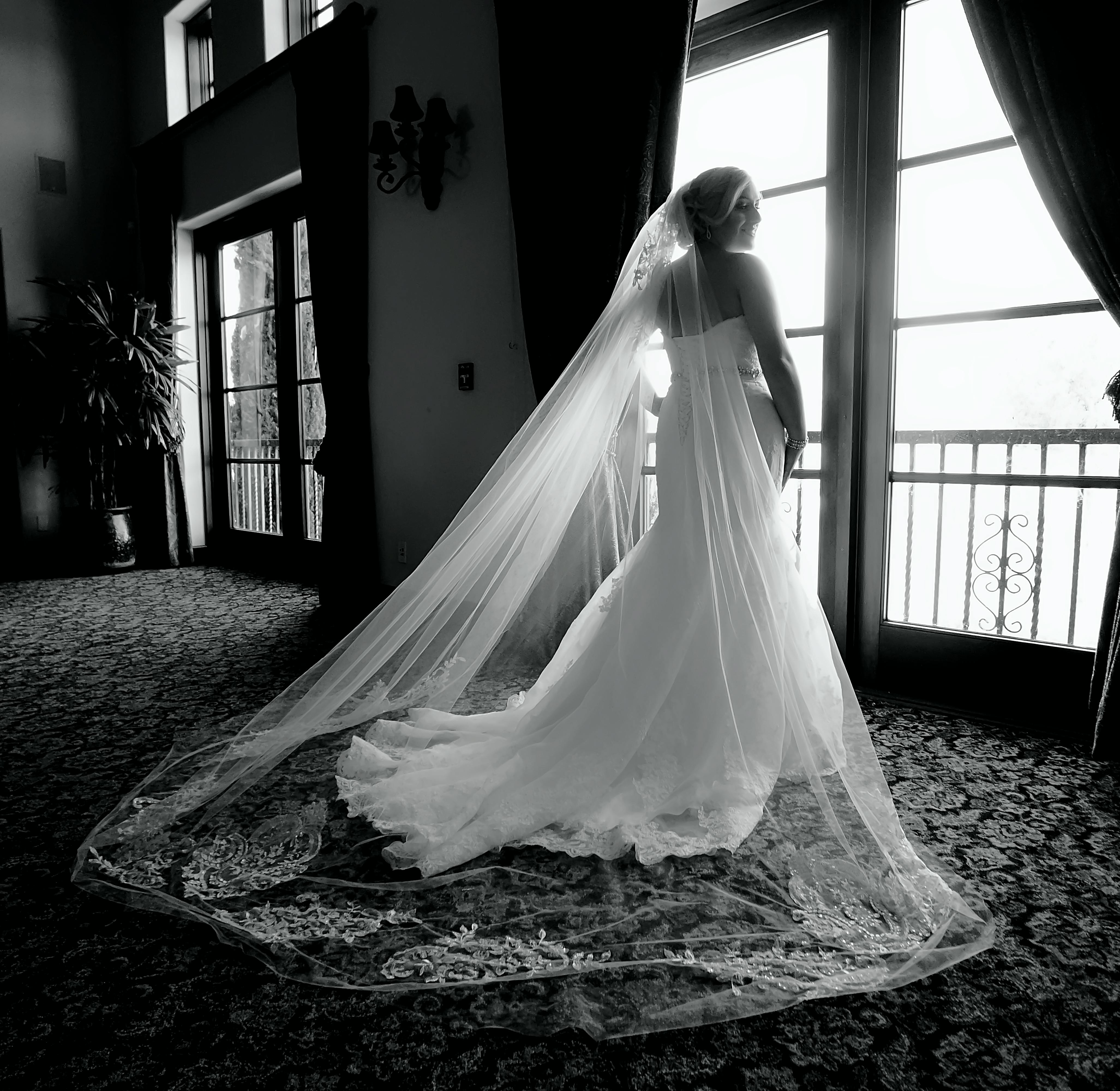 ฟรี ภาพเงาอันงดงามของเจ้าสาวในชุดกระโปรงยาวพลิ้วไหวพร้อมผ้าคลุมหน้ายาว ยืนอยู่ข้างหน้าต่าง คลังภาพถ่าย