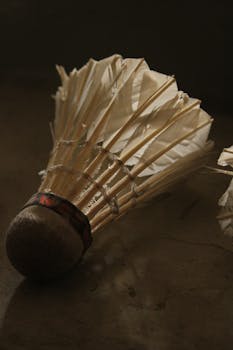 Detailed image of a badminton shuttlecock highlighting its feathers and cork base.