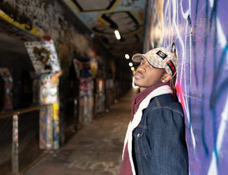Young man in a graffiti-covered urban tunnel, embracing street style expressively.