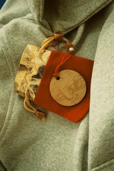 Close-up of a wooden tag and gold pouch on gray fabric, ideal for design inspiration.