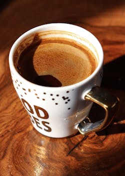 Warm cup of coffee on a rustic wooden table, capturing cozy vibes.