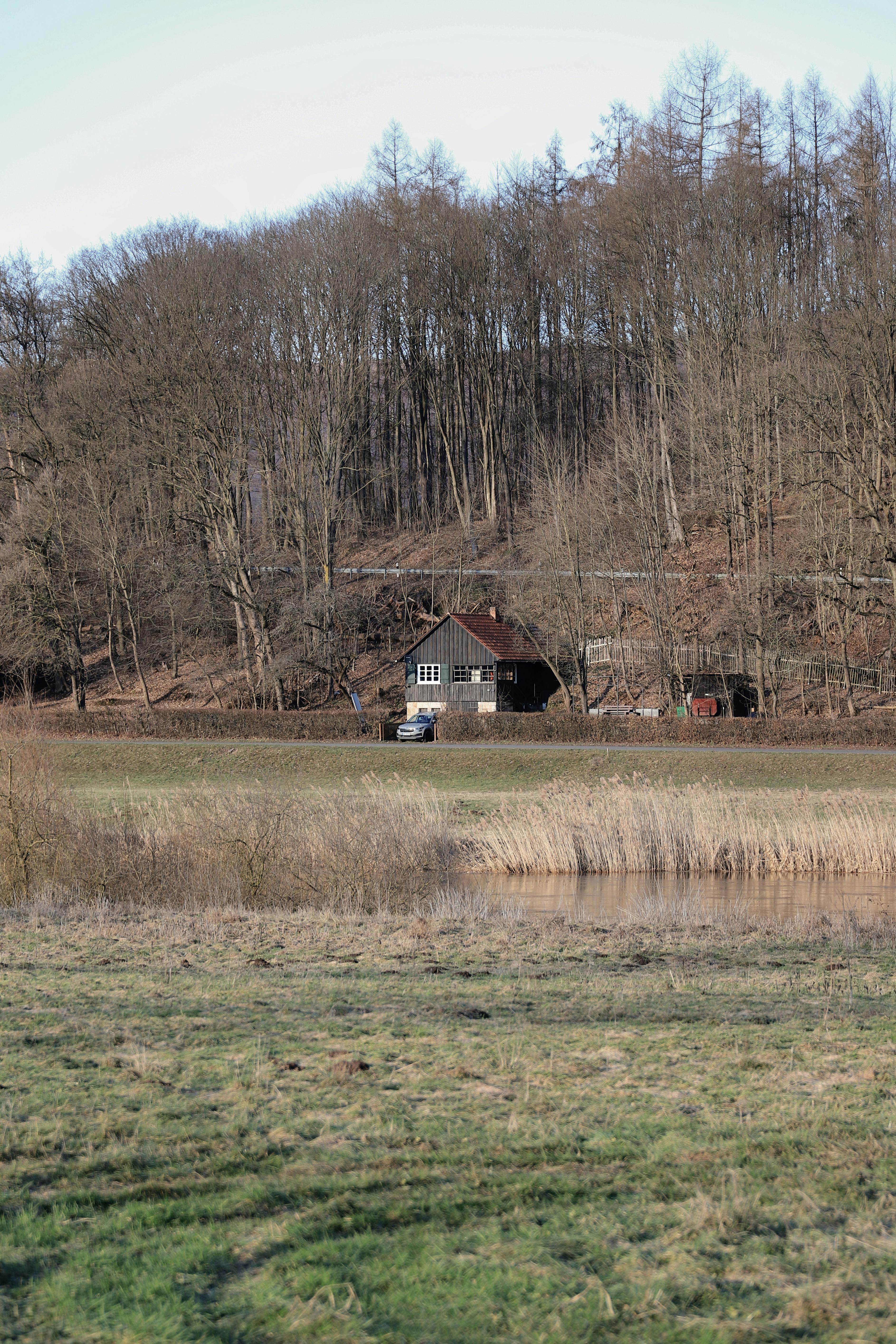 ingyenes Békés téli táj egy félreeső erdőparti faházzal. Stockfotó