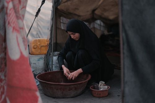 Free A Middle Eastern woman in hijab washes dishes in a makeshift Gaza tent. Stock Photo