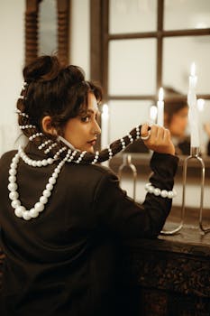 Stylish woman adorned with pearls posing indoors with lit candles, creating a warm and elegant ambiance.