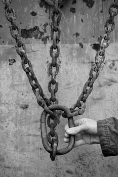 Close-up of a hand gripping weathered chains against a rough concrete wall, black and white.