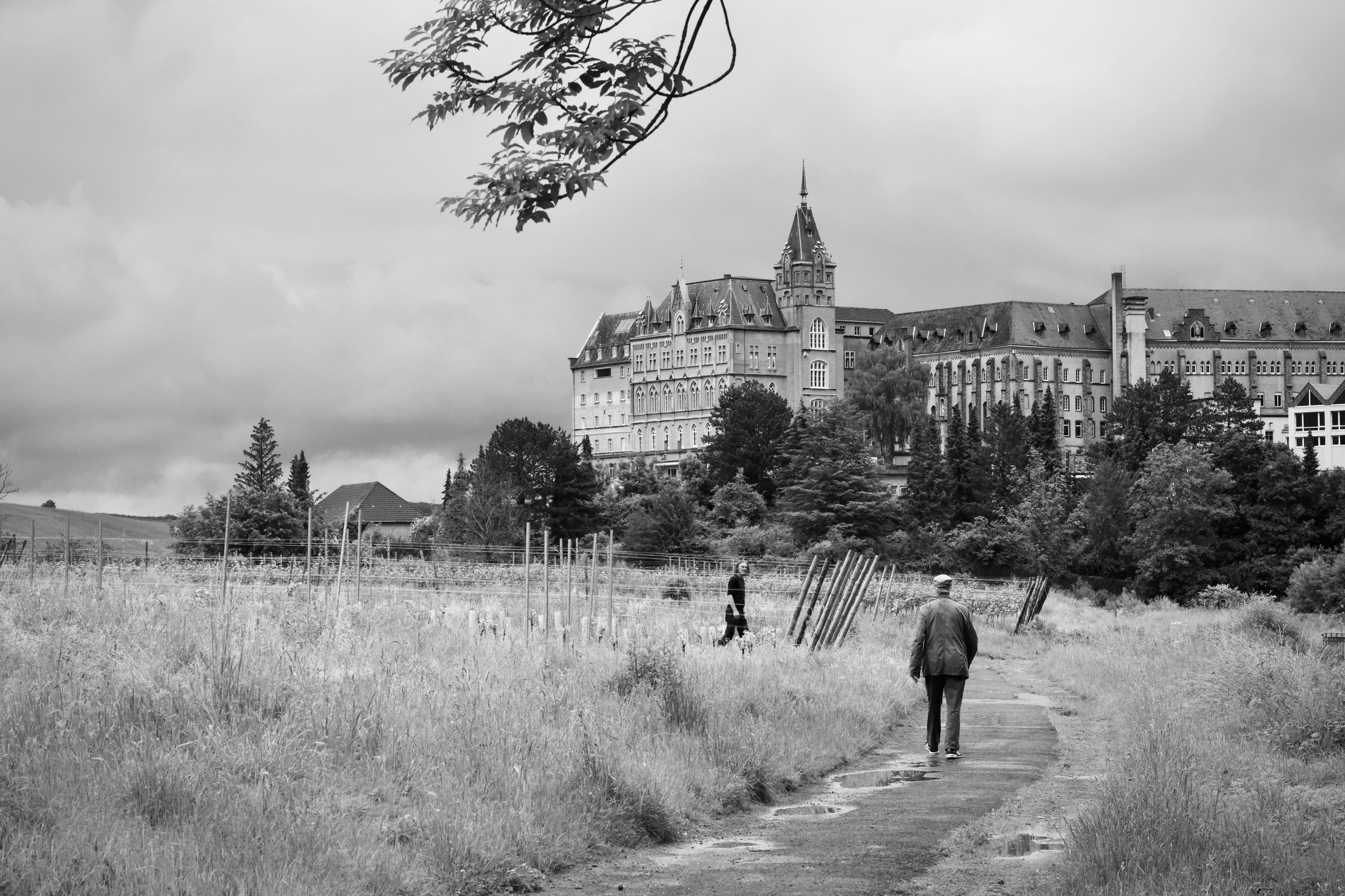 A moody black and white photo of a person walking towards a historic castle on a cloudy day.