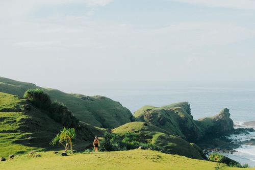 Free A lone traveler walking along a breathtaking green hillside overlooking the ocean. Stock Photo