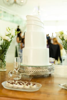 Elegant white wedding cake with decorative flowers at a vibrant São Paulo celebration.