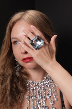 A glamorous portrait featuring a woman with bold jewelry and a glitzy oversized ring.