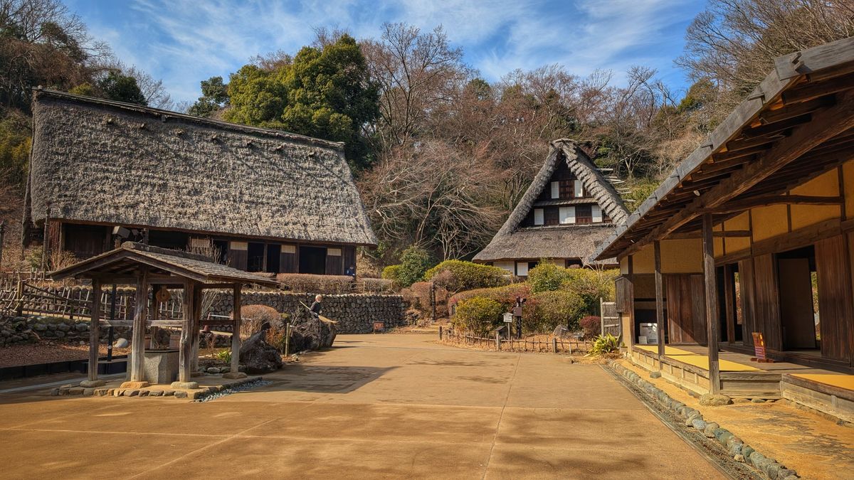 Traditional thatched-roof houses lining the main street of Ouchijuku post town in Fukushima Japan