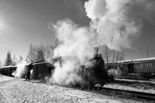 Free Black and white image of a steam train emitting smoke at a snowy train station in Geesthacht, Germany. Stock Photo