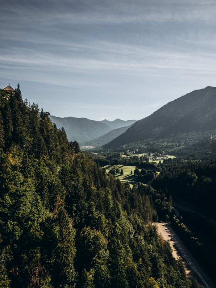 Alpine valley with dense forest below hazy peaks — photo by Alina Zahorulko on Pexels