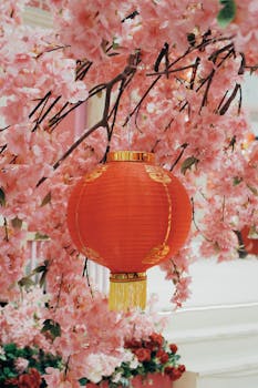 Red Chinese lantern hanging among vibrant pink cherry blossoms, symbolizing celebration and cultural heritage.