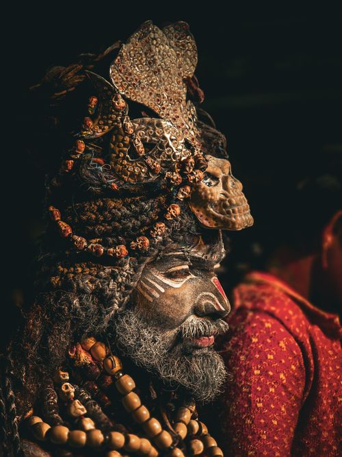 Free Close-up portrait of a traditional Indian Sadhu wearing elaborate adornments in Katni, India. Stock Photo