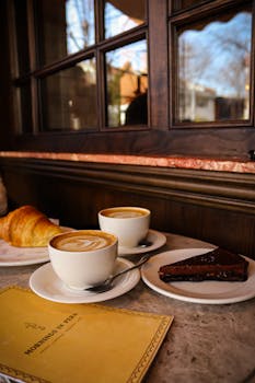 Inviting café scene with cappuccino, croissant, and chocolate cake by the window.