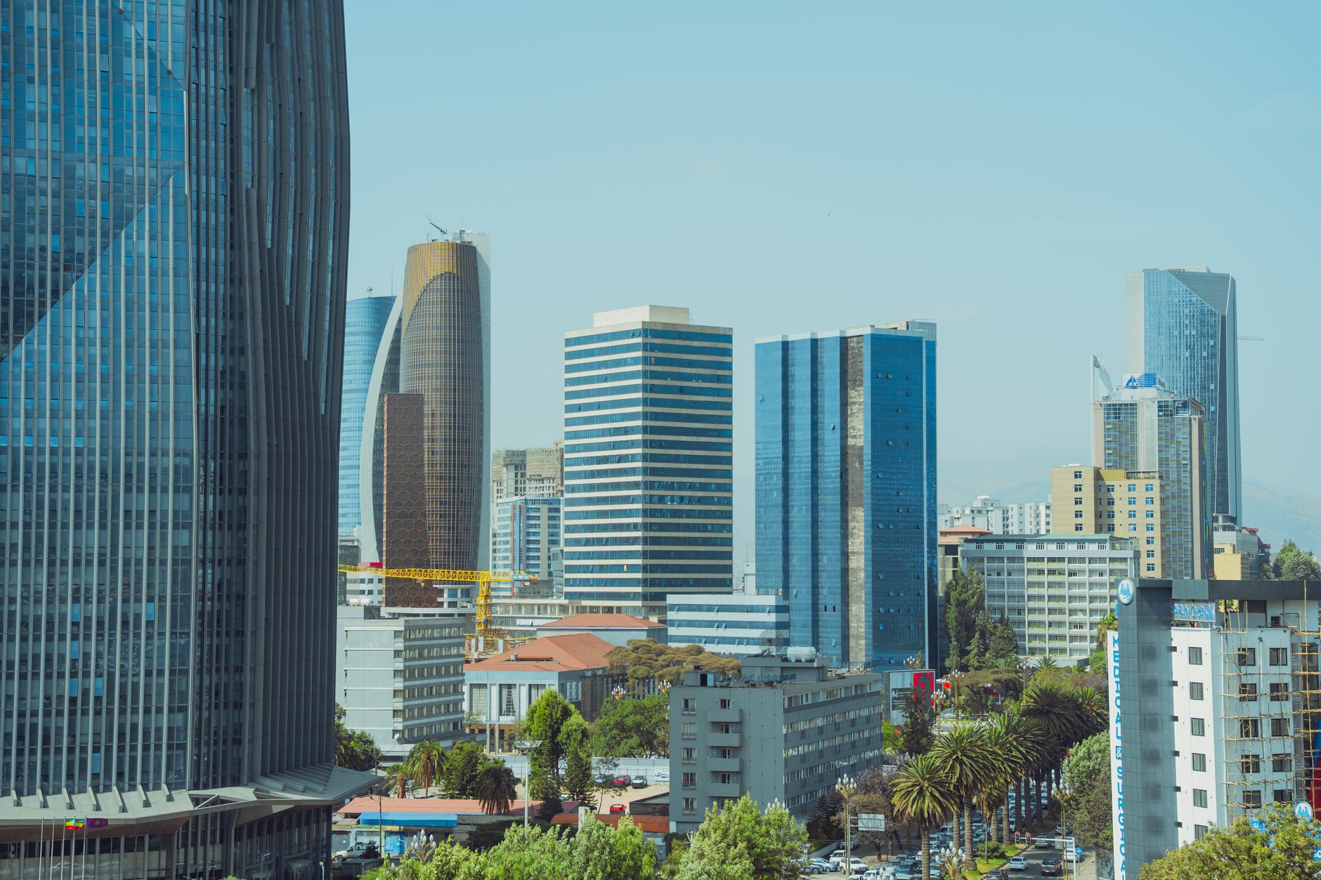 Explore the modern cityscape of Addis Ababa featuring towering skyscrapers and vibrant architecture.