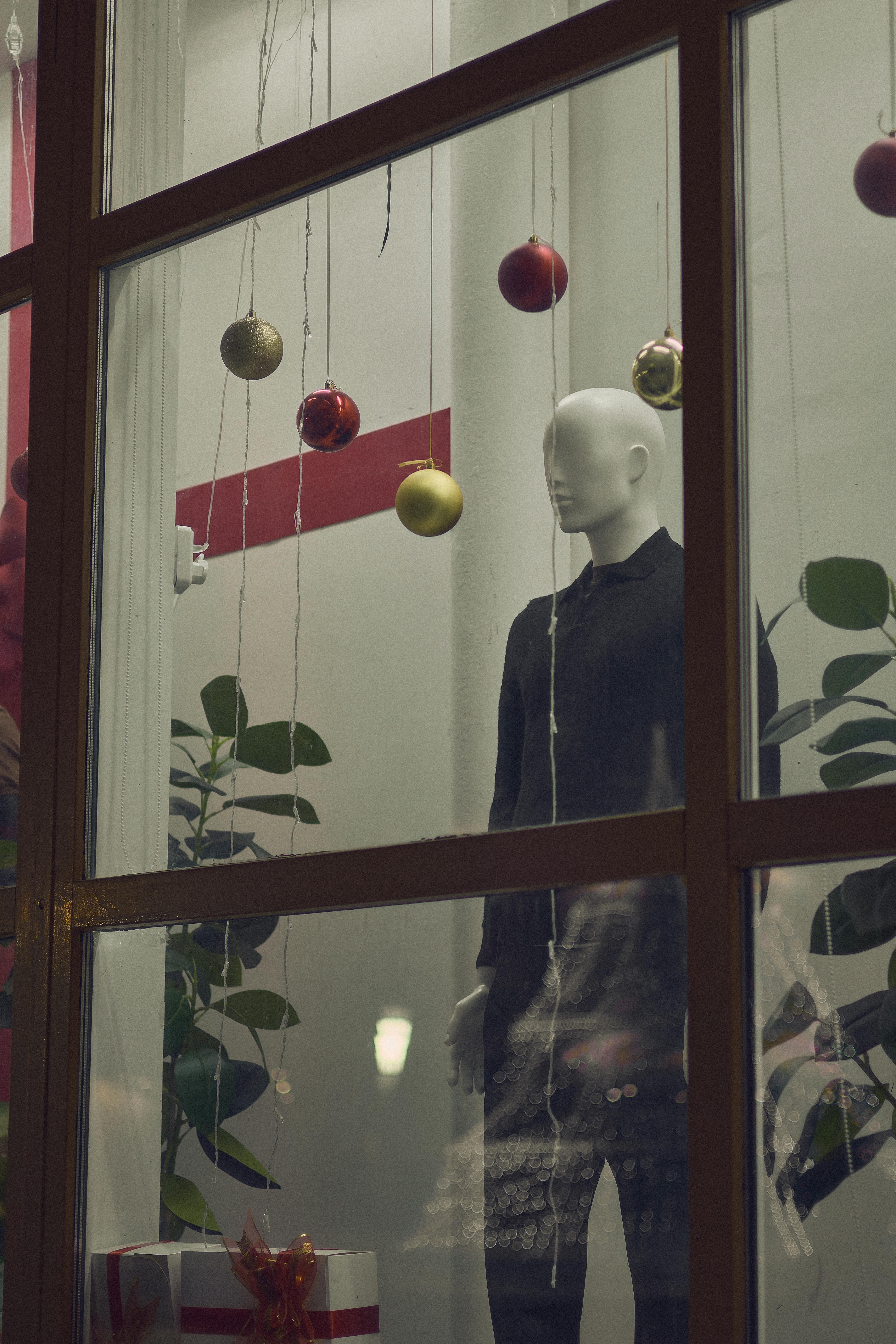 免費 時尚的櫥窗展示，包括人體模特兒、節日裝飾品和禮品盒。 圖庫相片
