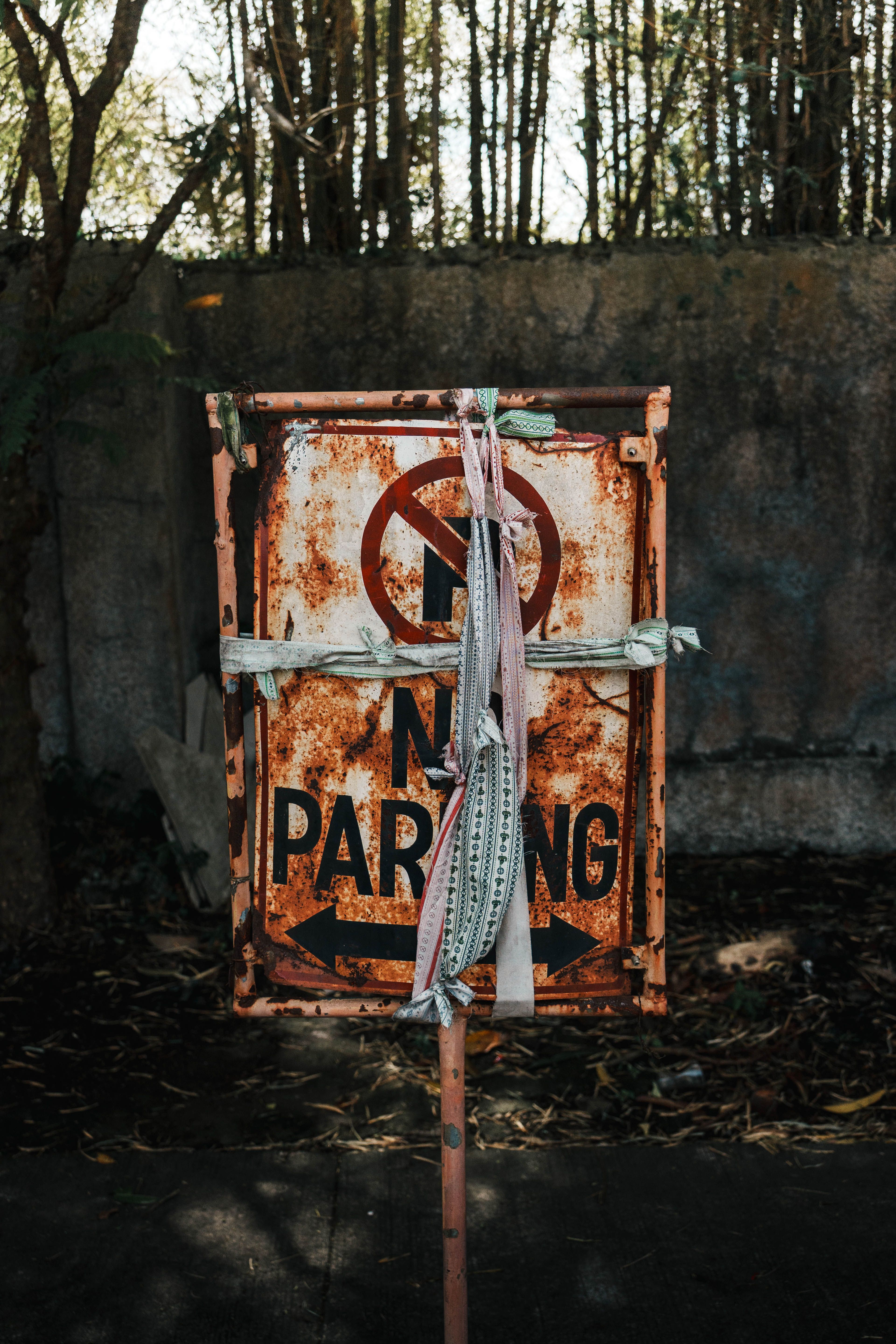 Rusty No Parking Sign in Overgrown Area · Free Stock Photo