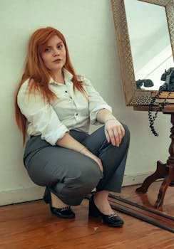 Woman in professional attire poses by a vintage mirror with a classic rotary phone.