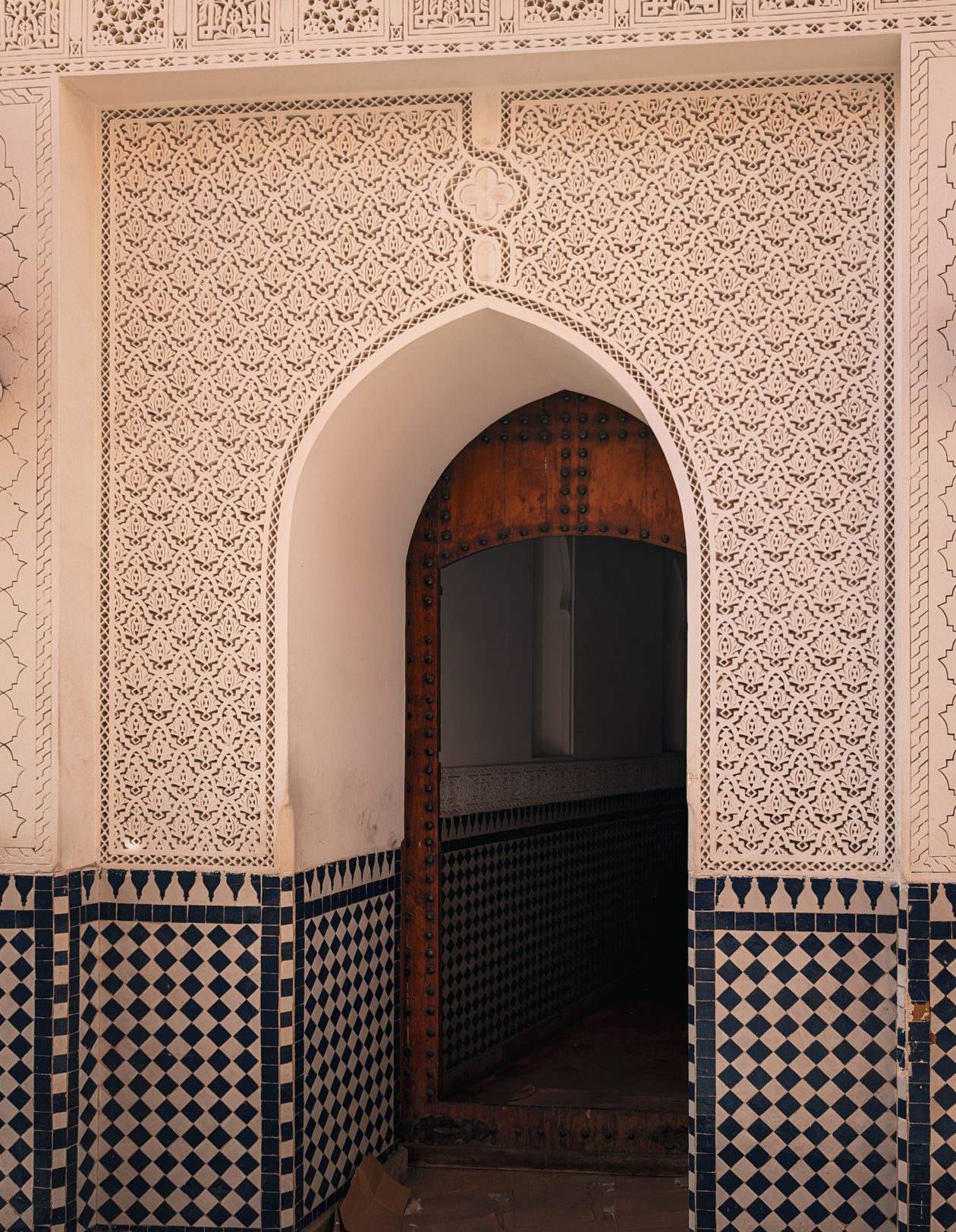 Intricate Islamic arches and traditional architecture in Marrakech, Morocco