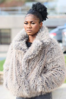 Portrait of a woman in a faux fur coat, exuding style and confidence on a cool day.