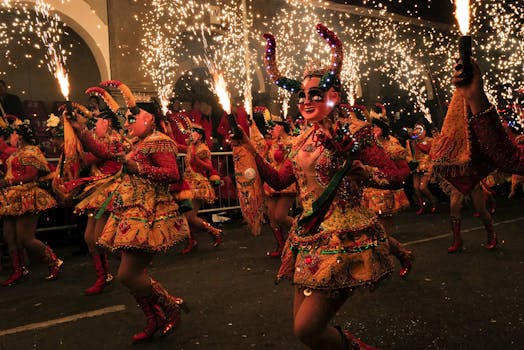 Colorful dancers in elaborate costumes light up the night at Bolivian carnival celebration.