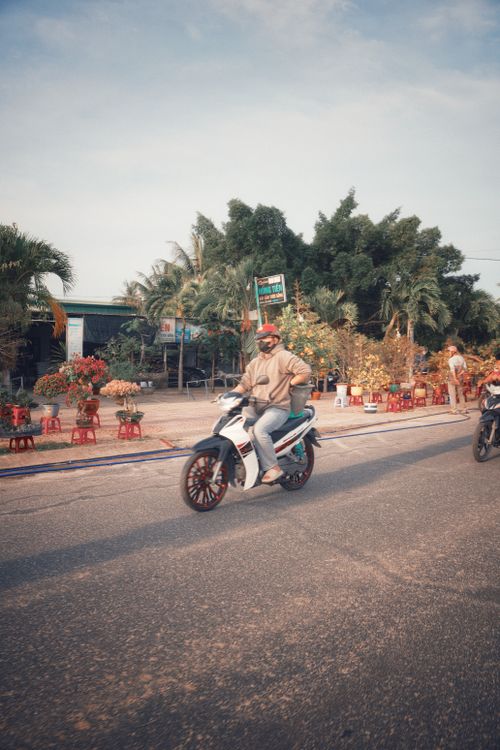 Free Adult man rides a scooter past a vibrant outdoor market with potted plants and tables displayed. Stock Photo