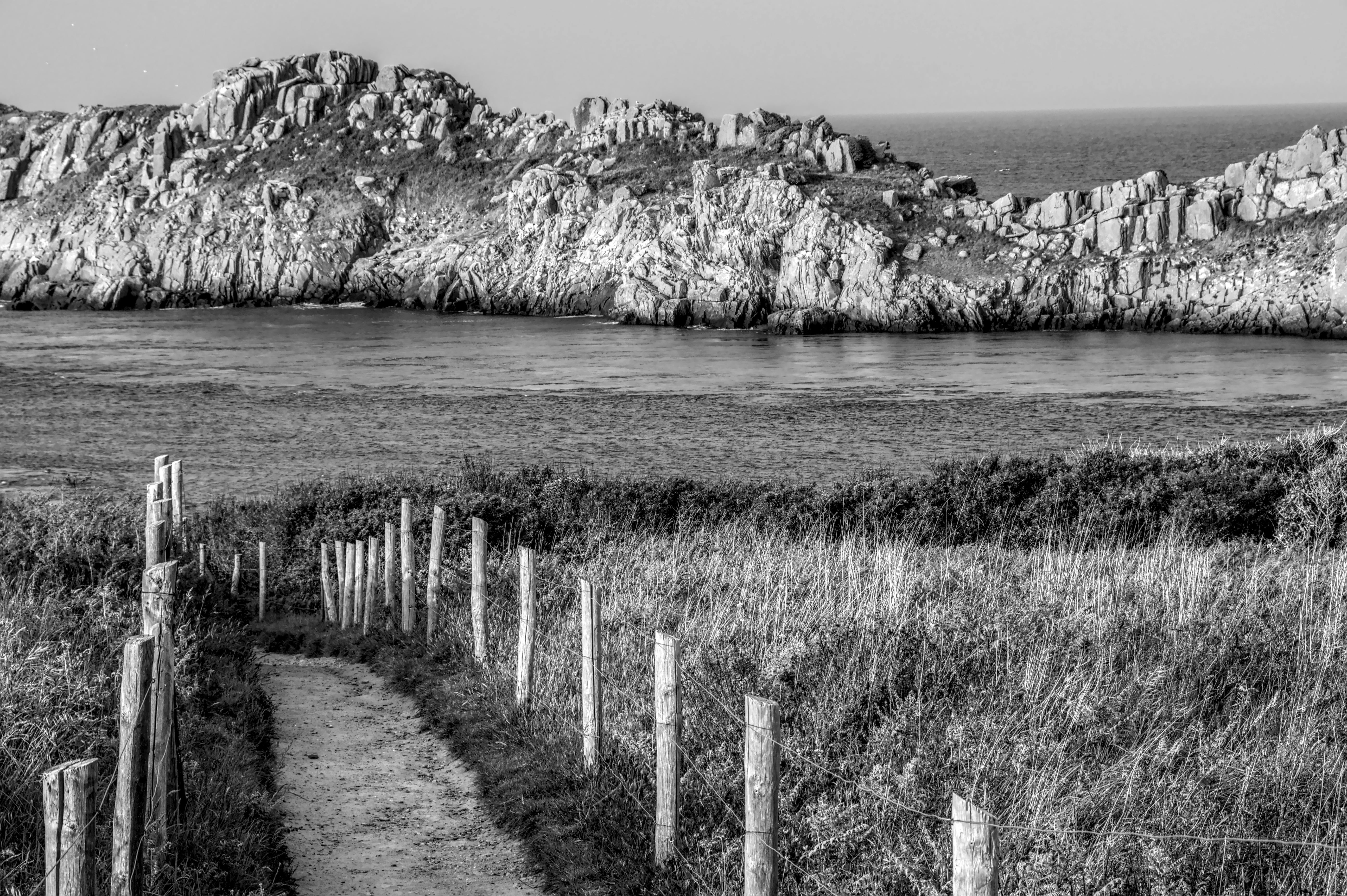 Gratis Vista in bianco e nero di un sentiero costiero roccioso in Bretagna, Francia, che riflette la bellezza classica. Foto a disposizione
