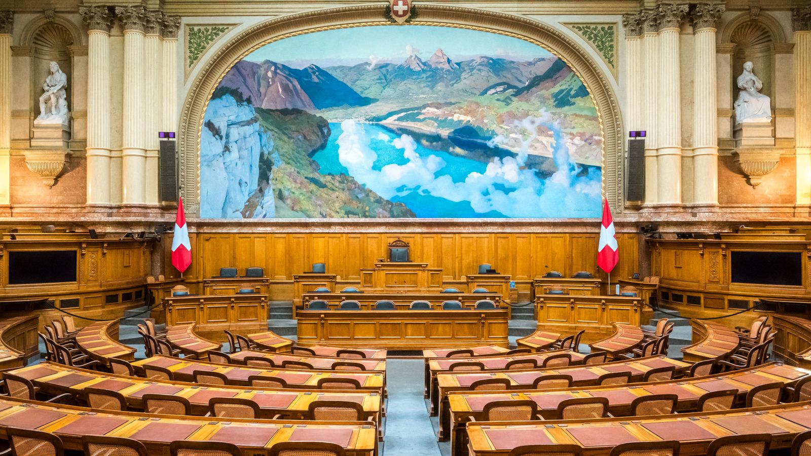 Interior view of the Swiss Parliament Building in Bern, showcasing its grandeur and Swiss heritage.