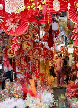 A bustling market stall featuring colorful Asian festival decorations, creating a lively and festive atmosphere.