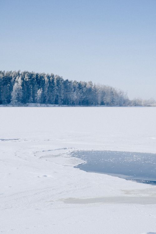 Free Snow-covered frozen lake with distant trees under clear blue sky. Stock Photo