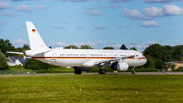 German government aircraft on runway at Hamburg Airport on a sunny day.