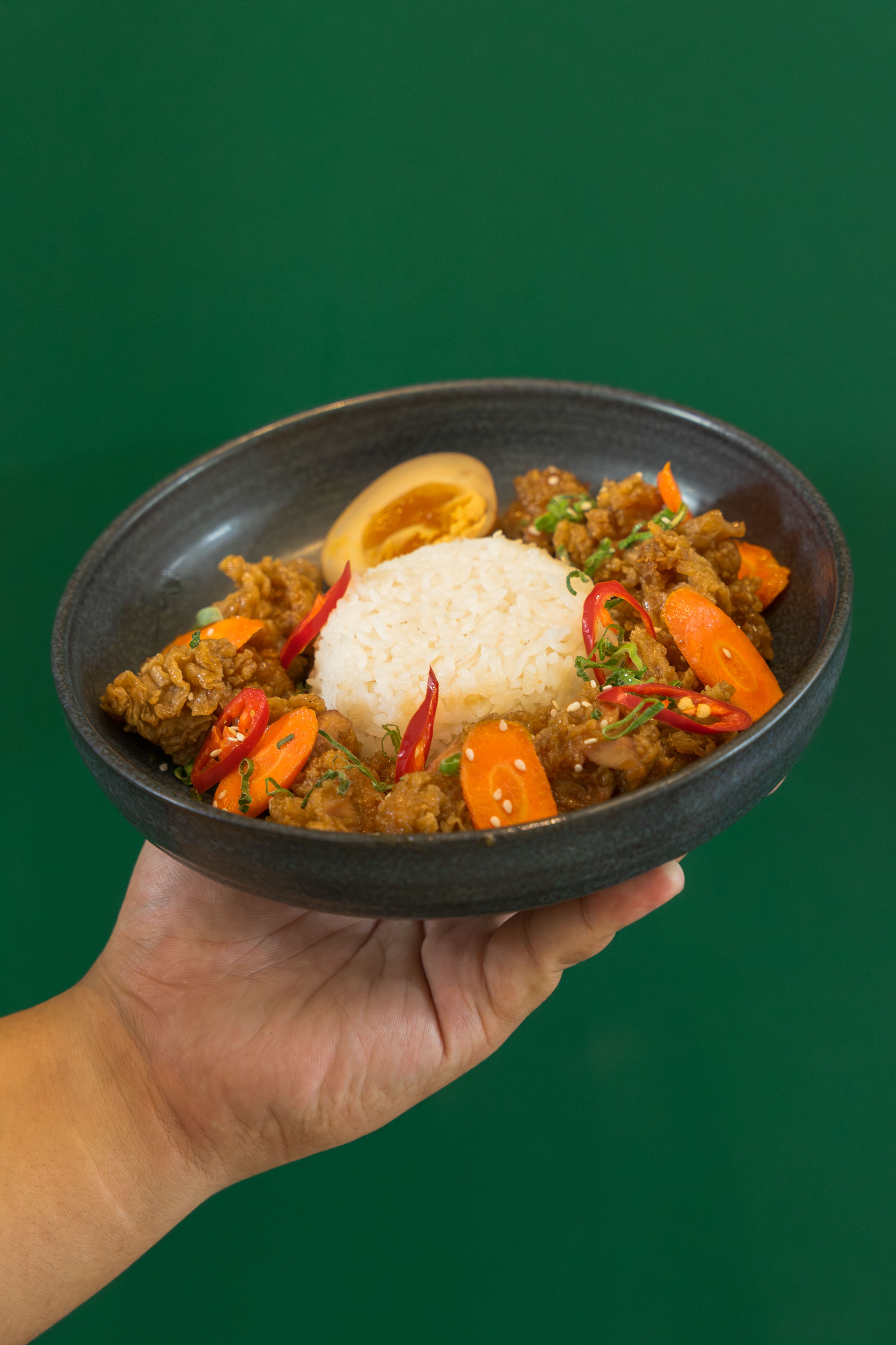 Asian rice dish with vegetables, egg, and meat in a hand, isolated on green background.