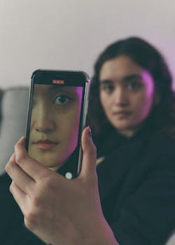 A young adult woman holding a smartphone, reflecting her face creatively in focus.
