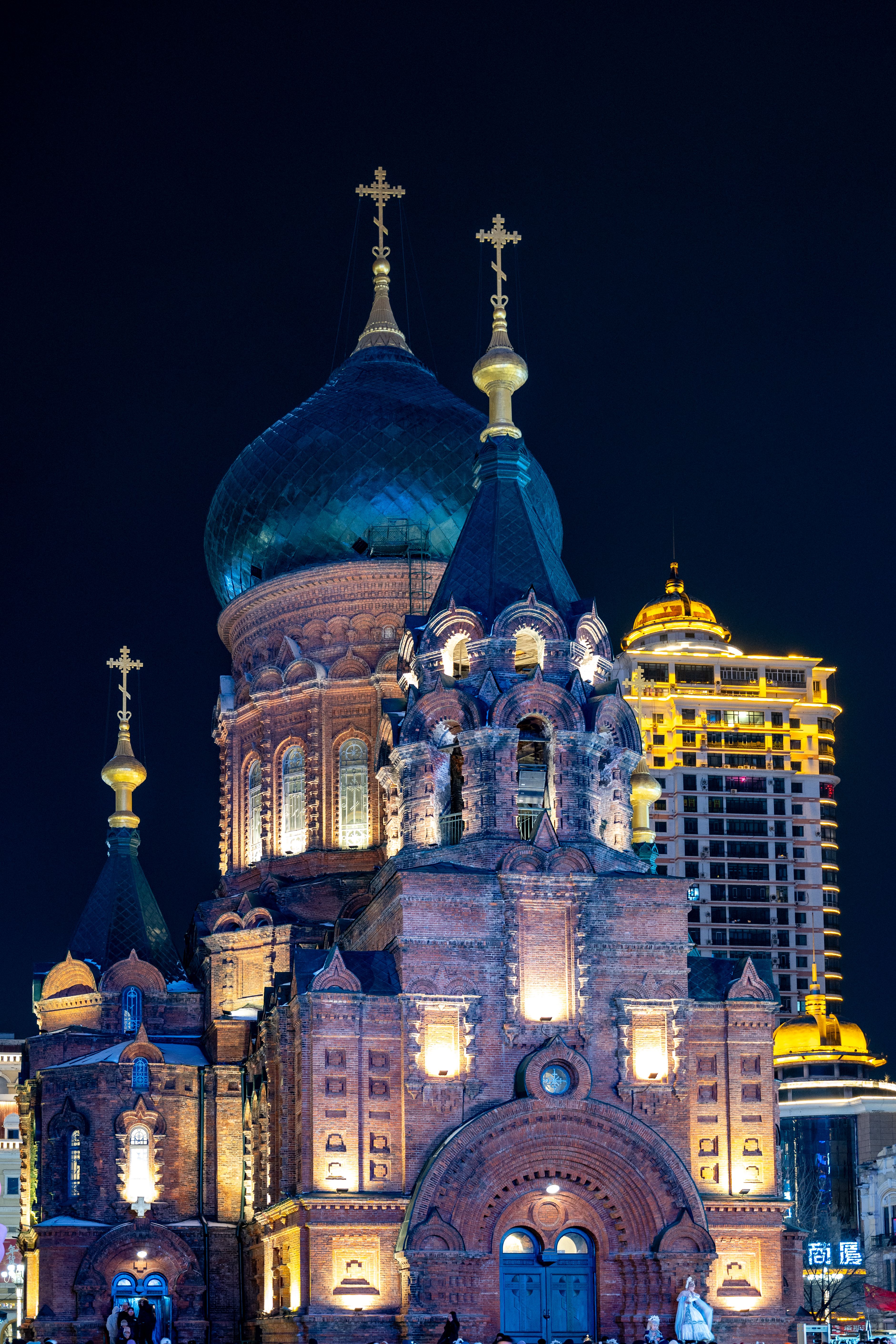 Stunning view of the Saint Sophia Cathedral illuminated at night in Harbin, China.