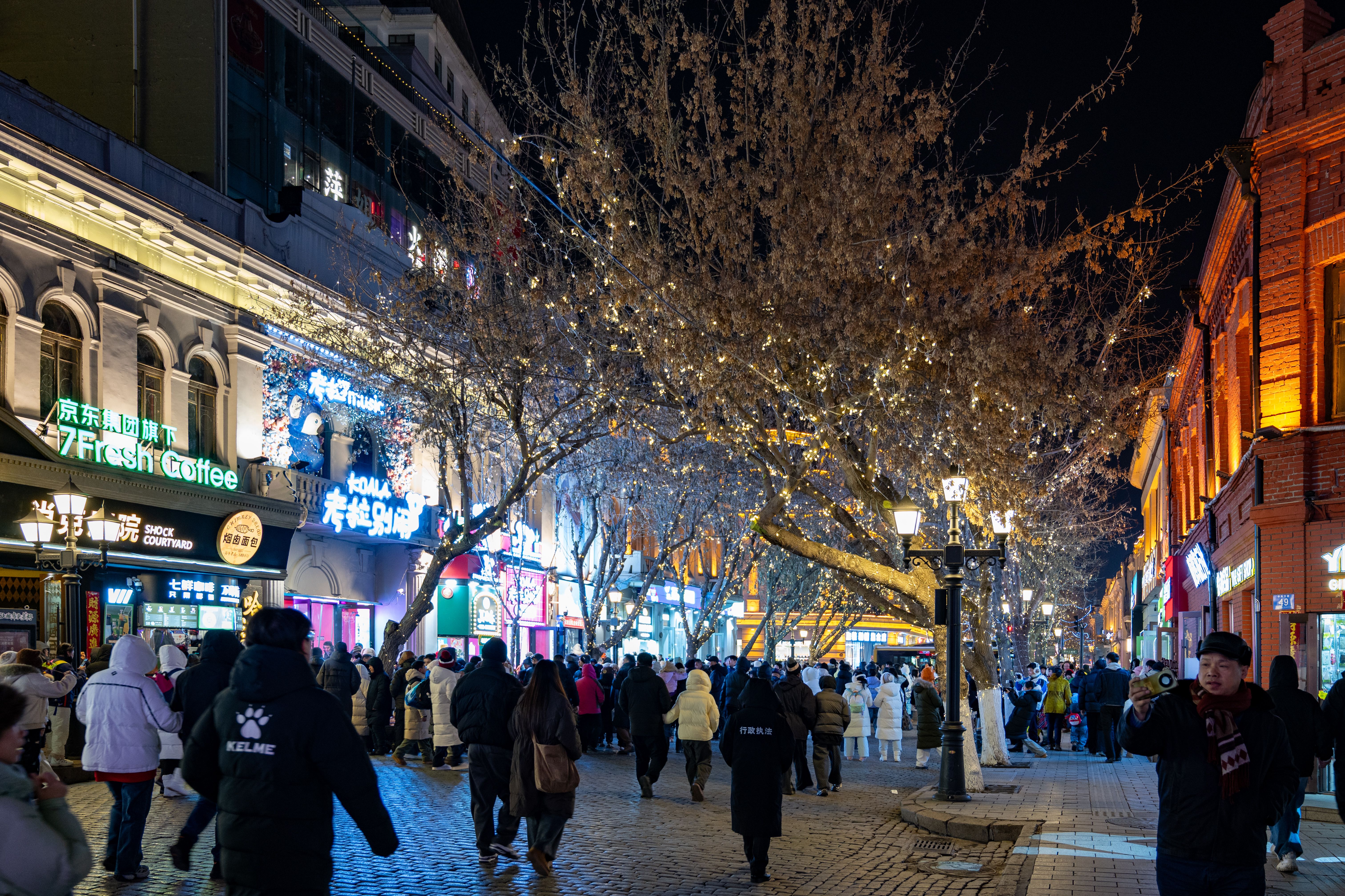 Free Crowded pedestrian street in Harbin, China, adorned with sparkling lights and bustling with activity at night. Stock Photo