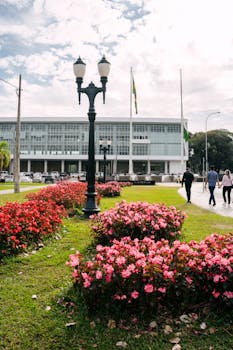 Beautiful public space with garden and pedestrians in Curitiba, Brazil.