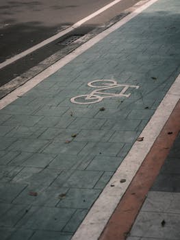 A quiet urban bicycle lane showing road markings, highlighting eco-friendly city infrastructure.