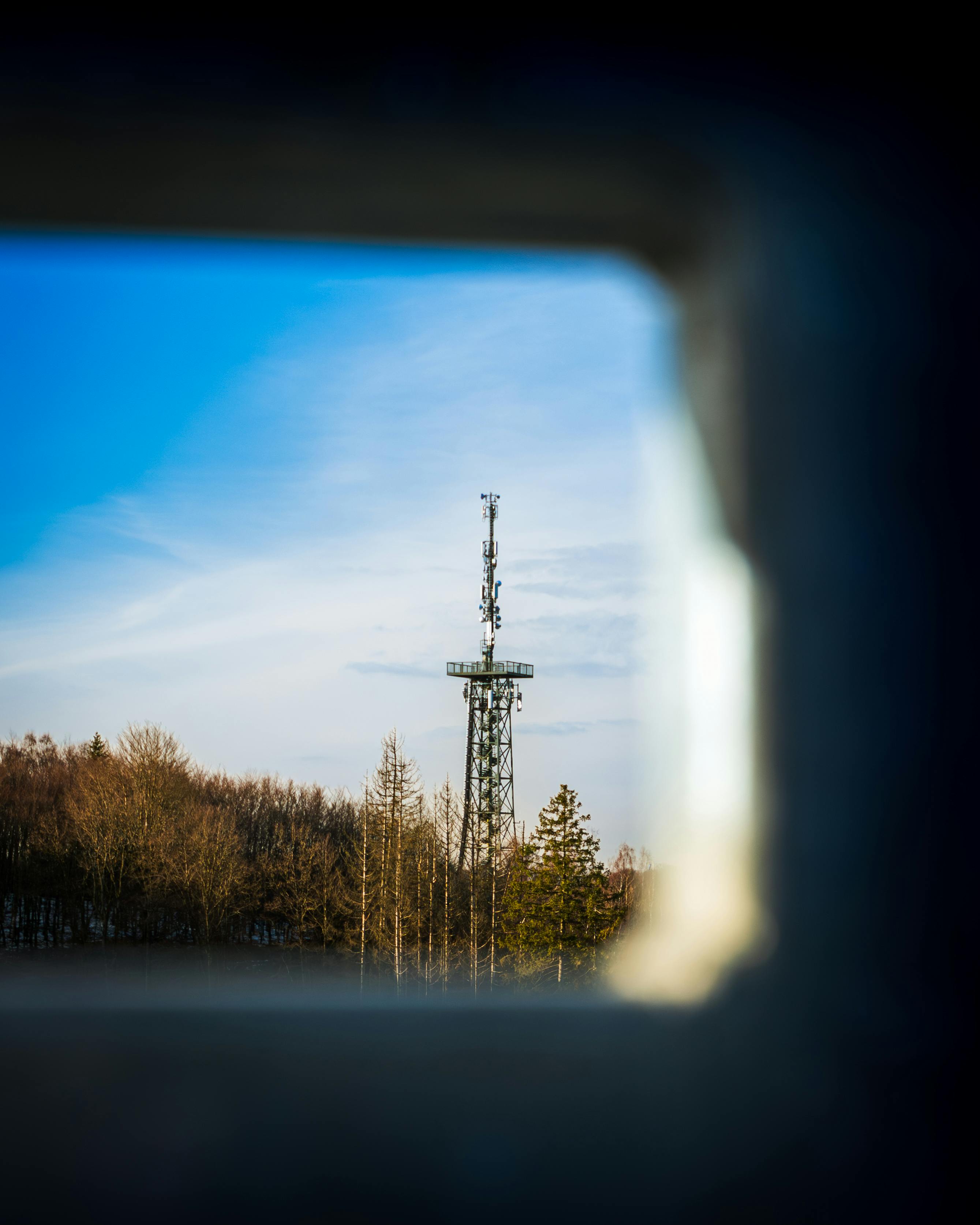 Gratis Transmissionstårn indrammet af vintertræer og klar blå himmel. Lagerfoto