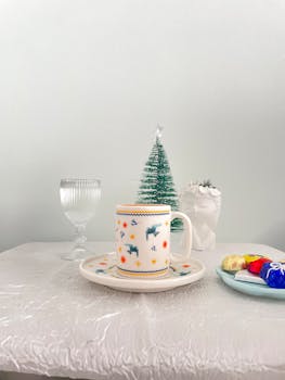A cozy holiday table setup with a decorative mug, glass, and festive decorations.