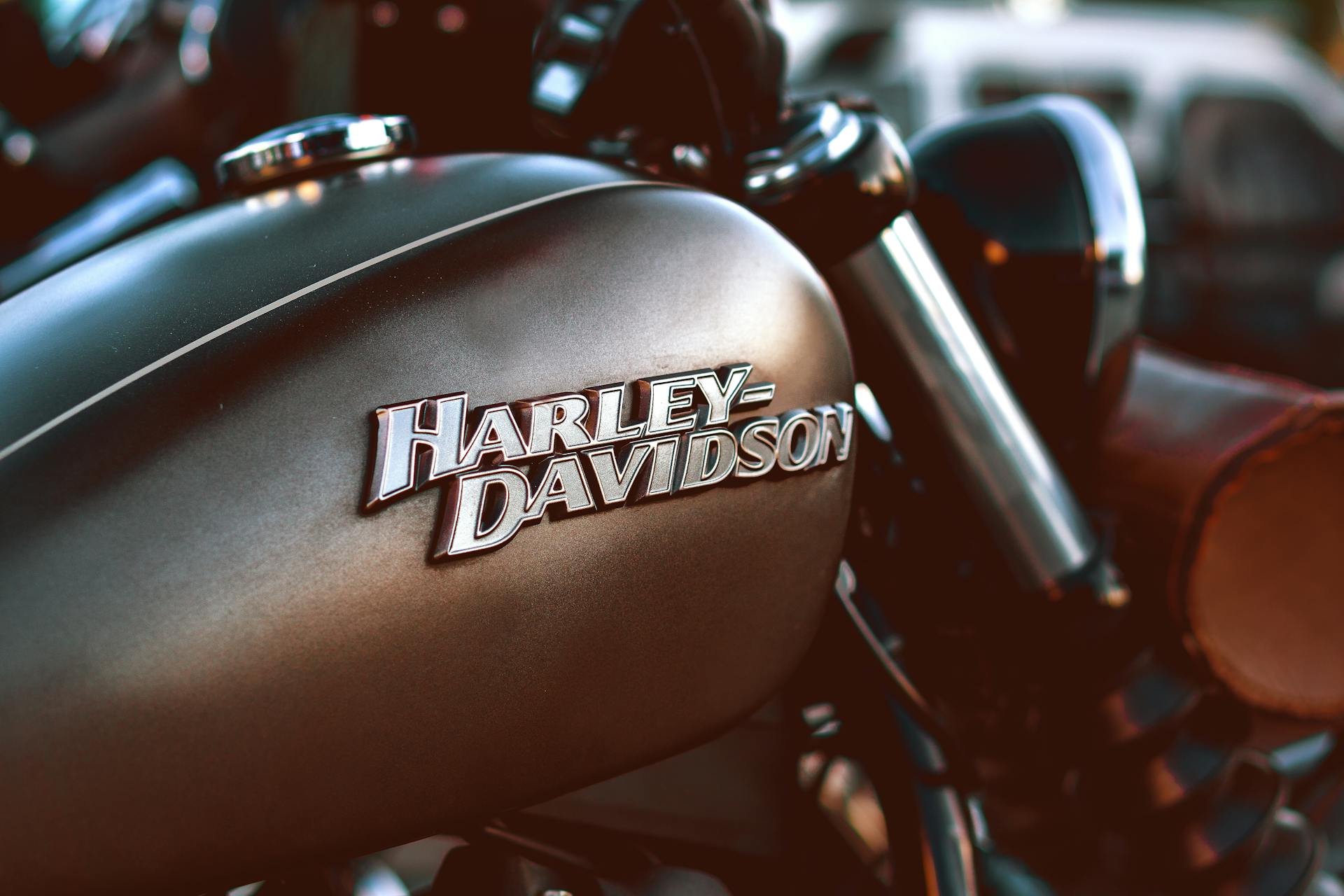 Detailed close-up of a Harley Davidson motorcycle fuel tank highlighting design and metallic finish.