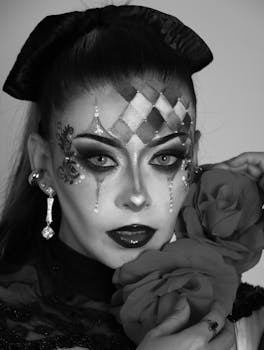 Black and white portrait of a woman with dramatic harlequin makeup holding roses.