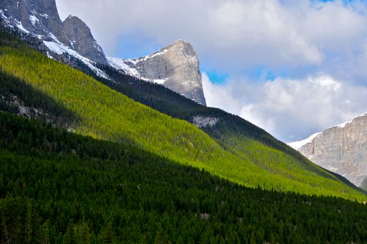 Stunning landscape view of the Rocky Mountains with lush forests and snow-capped peaks in Banff National Park.