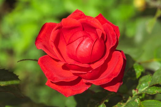 Close-up of a vibrant red rose in full bloom against a lush green background.