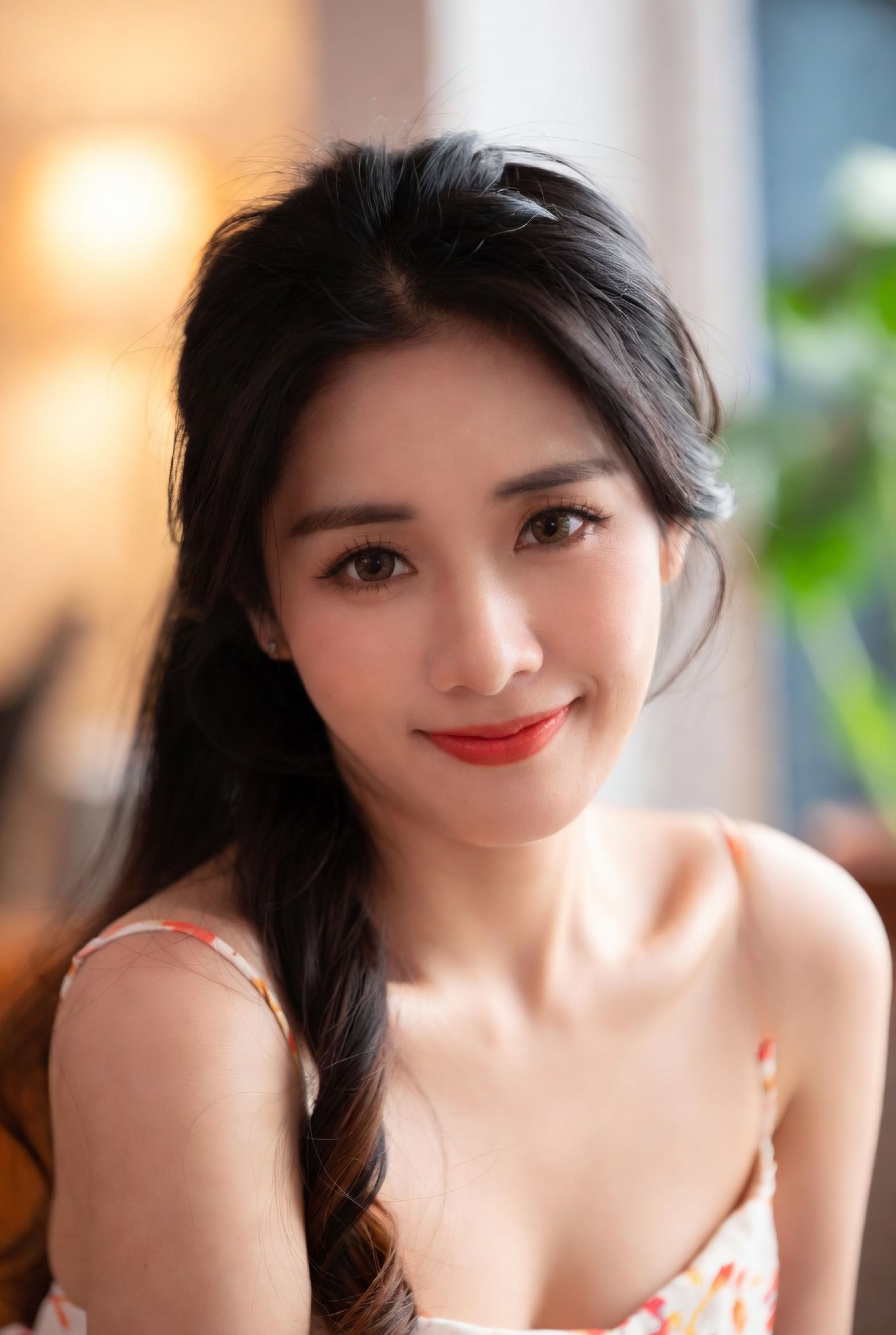 Portrait of a smiling woman with long hair and natural makeup, indoors with soft lighting.