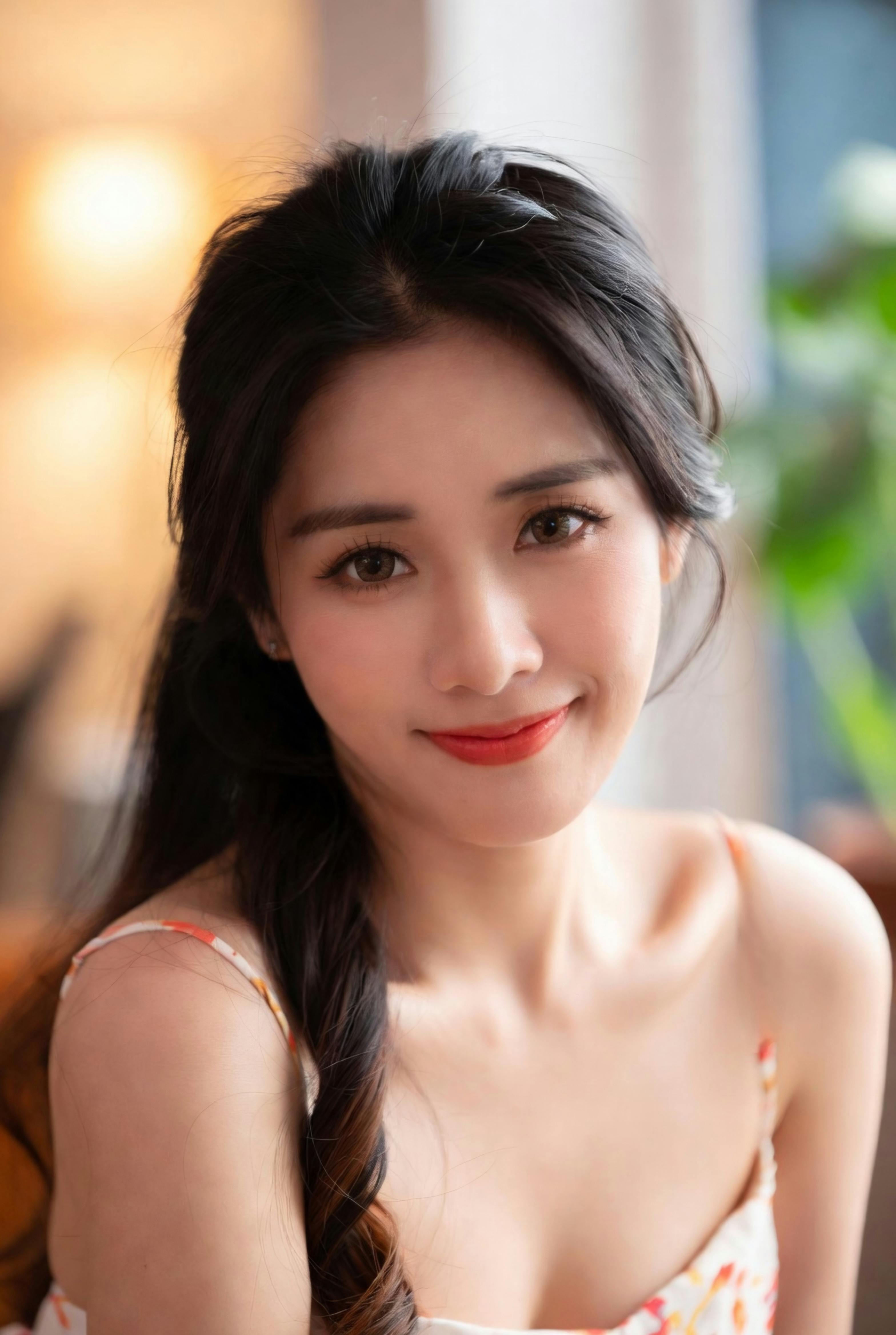 Elegant Woman Smiling Indoors in Soft Lighting
