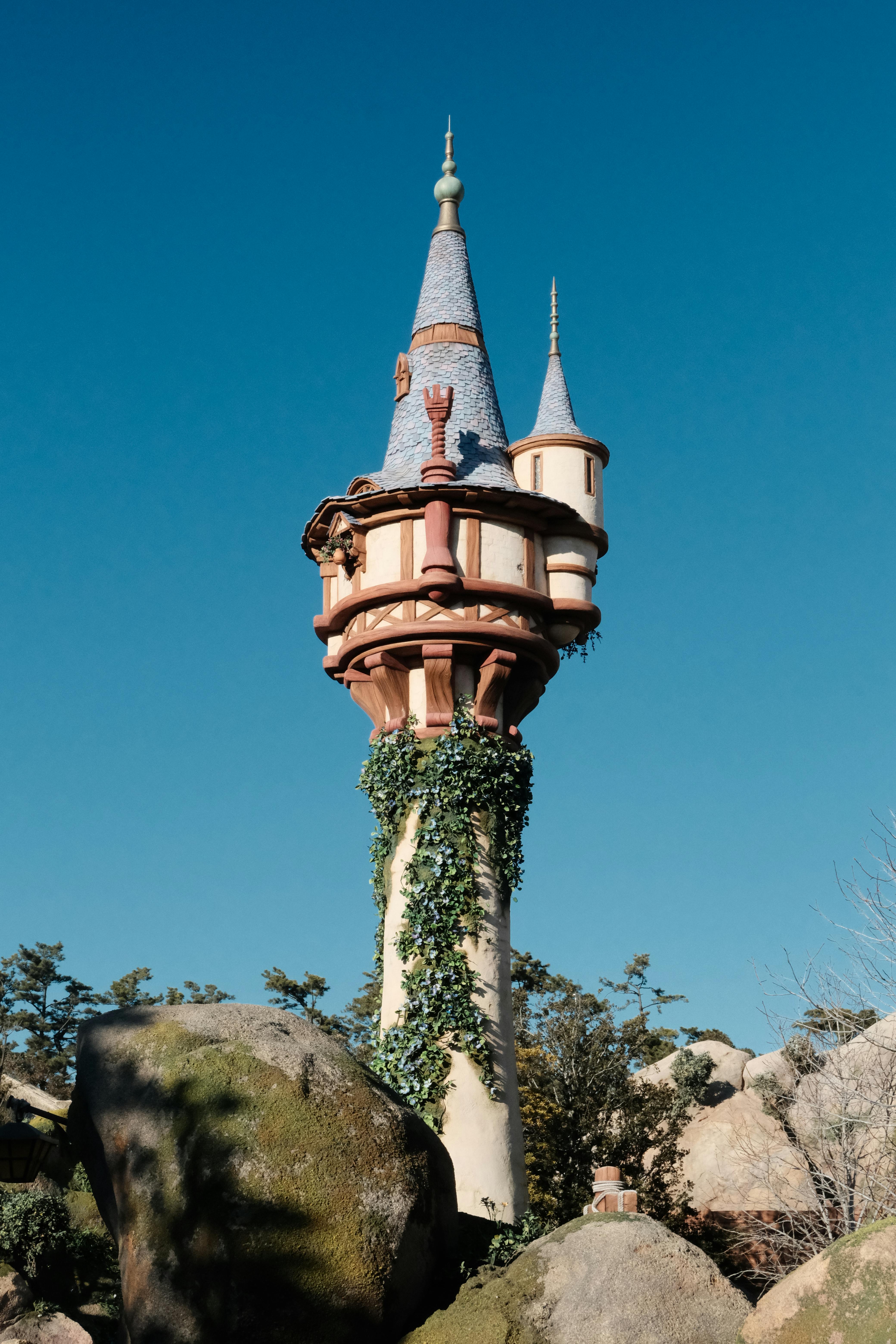 Fantasy tower with ivy on a sunny day in Urayasu, Japan. Perfect for fairytale themes.